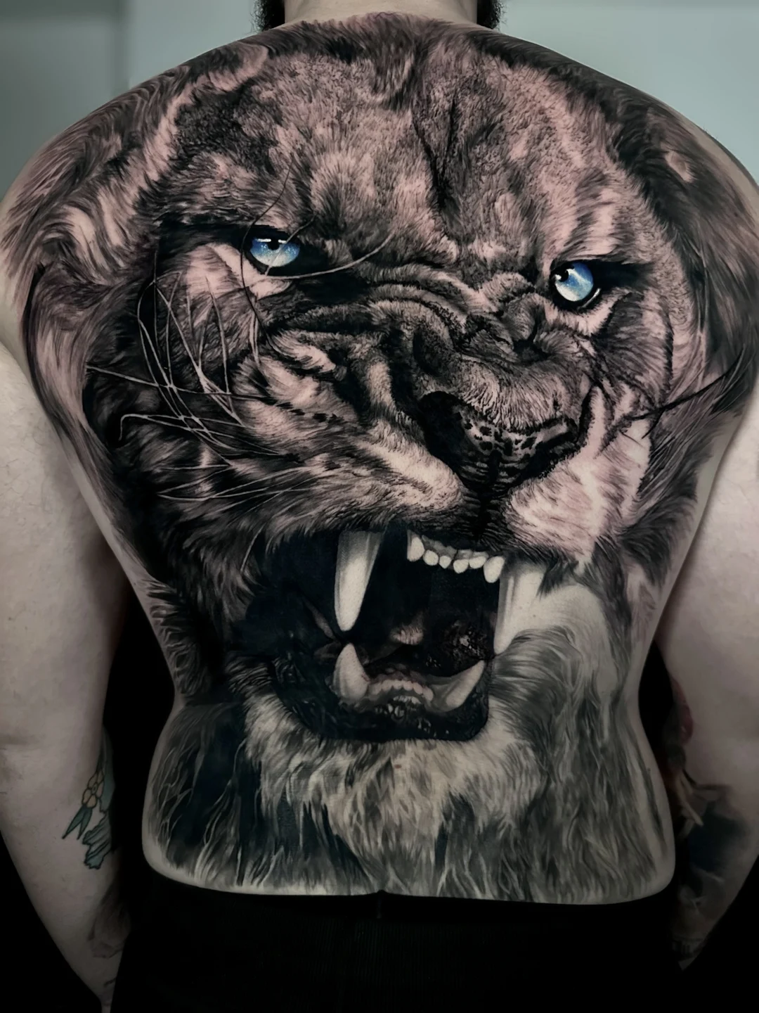 Realistic black and grey lion tattoo