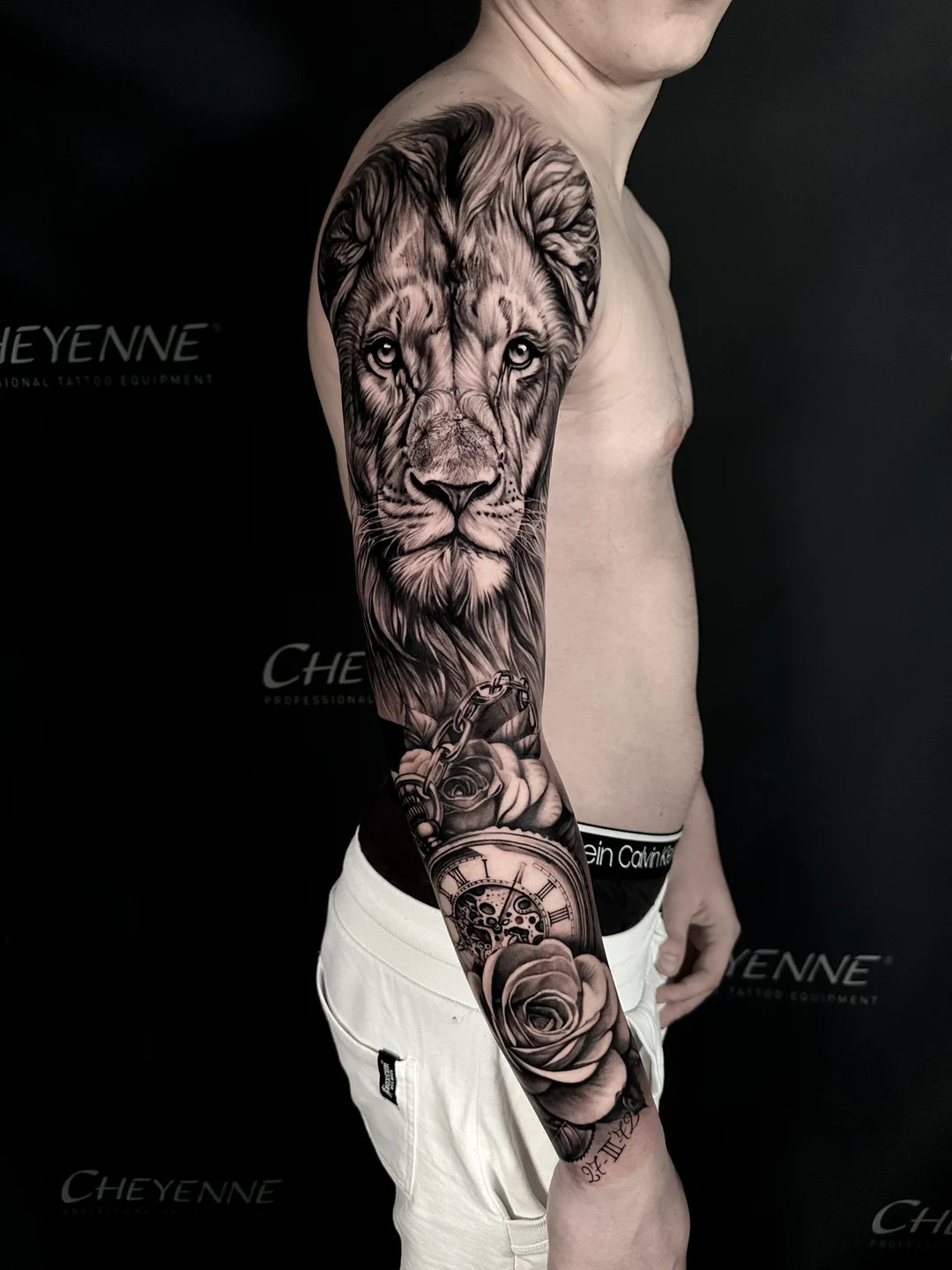Realistic lion tattoo black and grey