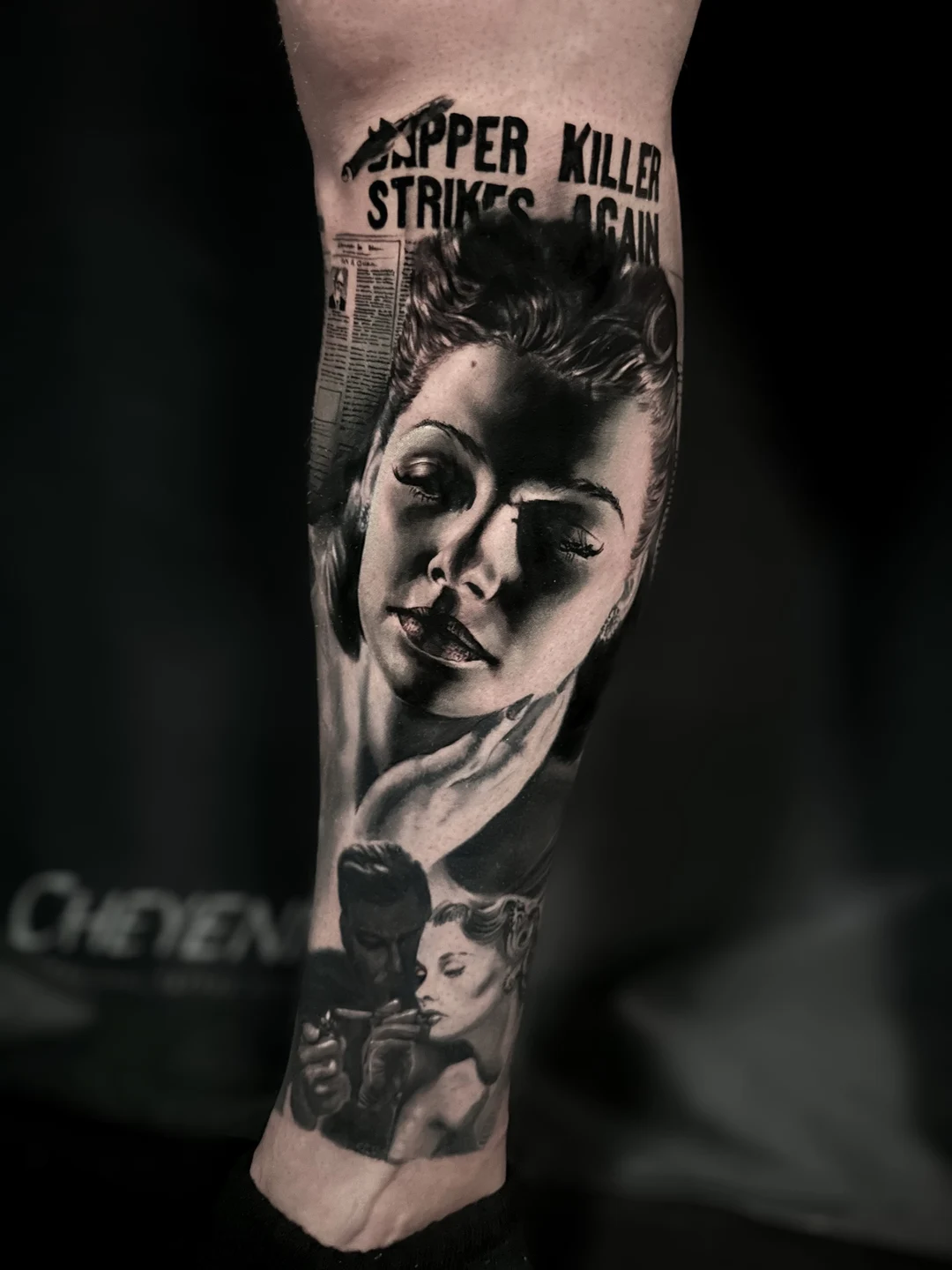 Black and grey portrait realism sleeve tattoo