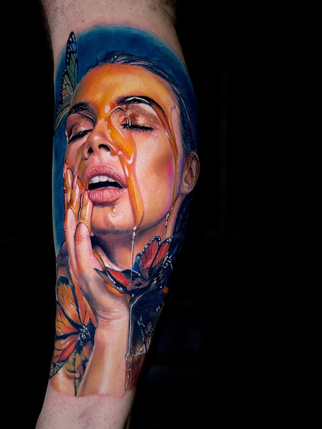 Color portrait realism tattoo golden tears