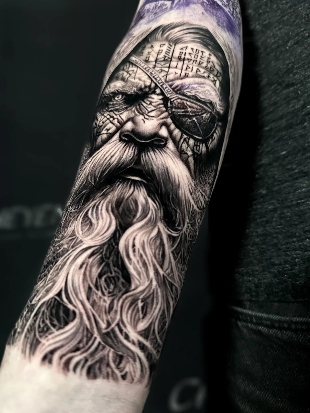 Realistic warrior sleeve tattoo black and grey