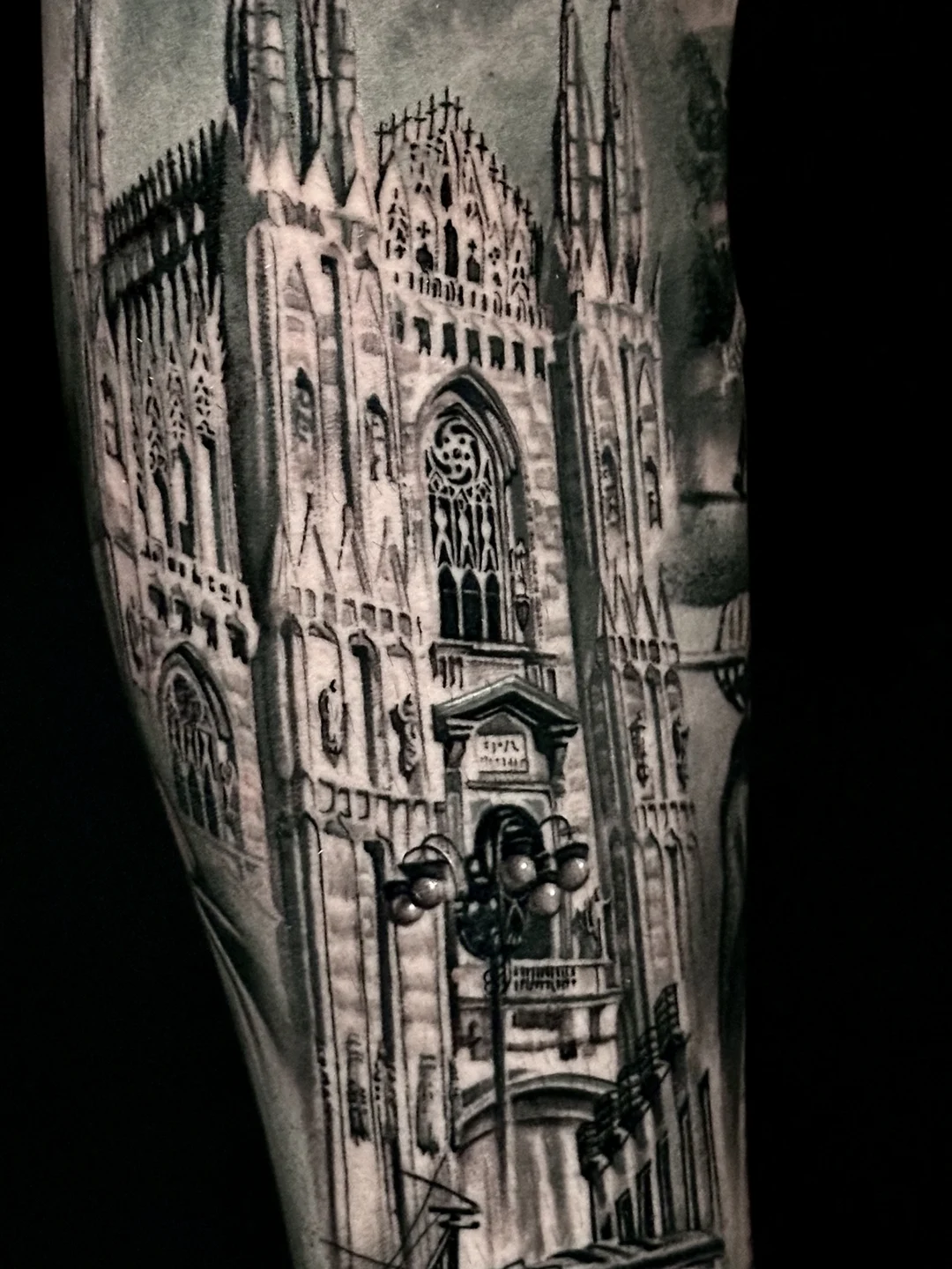 Realistic cathedral architecture sleeve tattoo