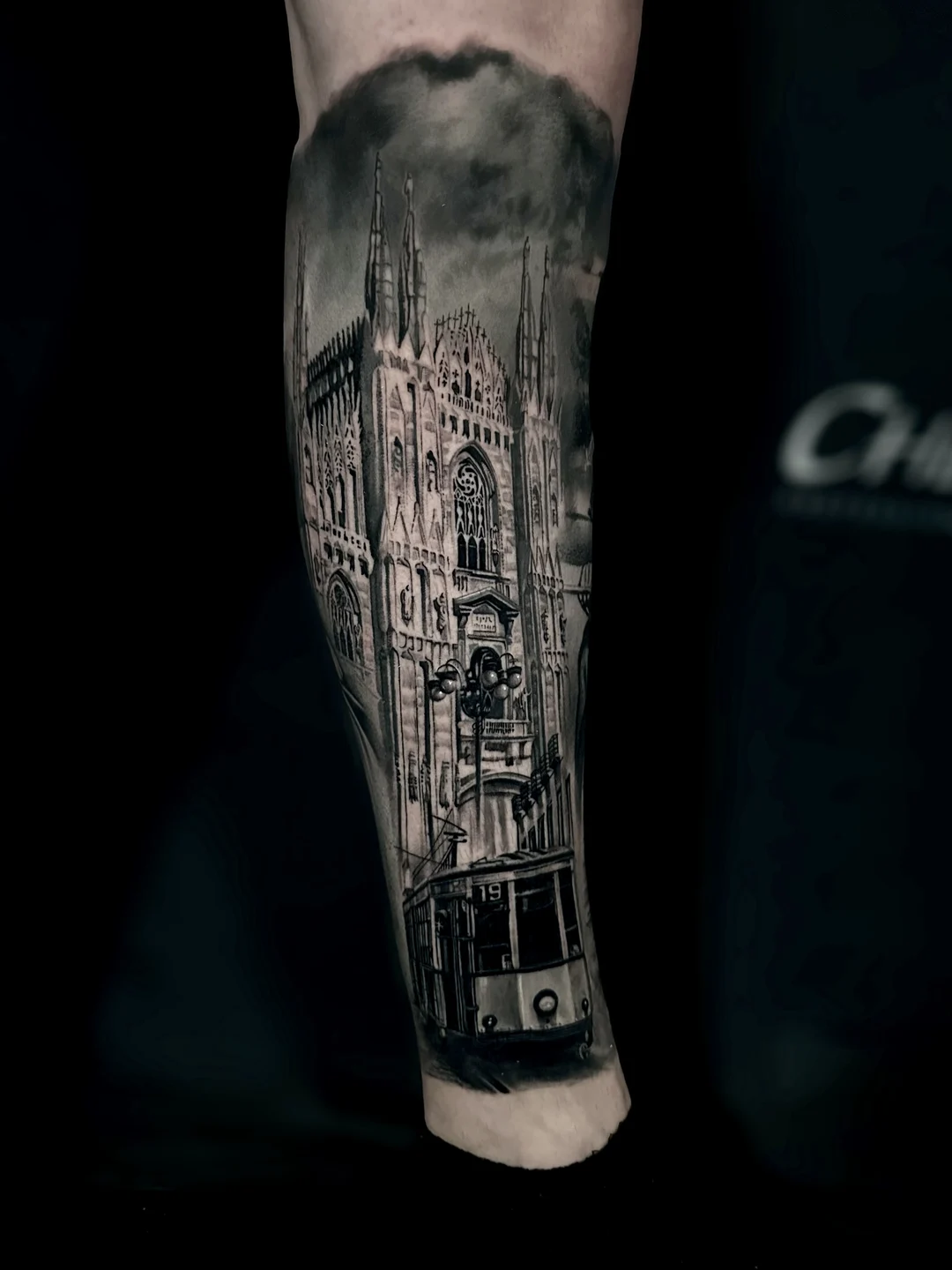 Realistic cathedral architecture tattoo sleeve